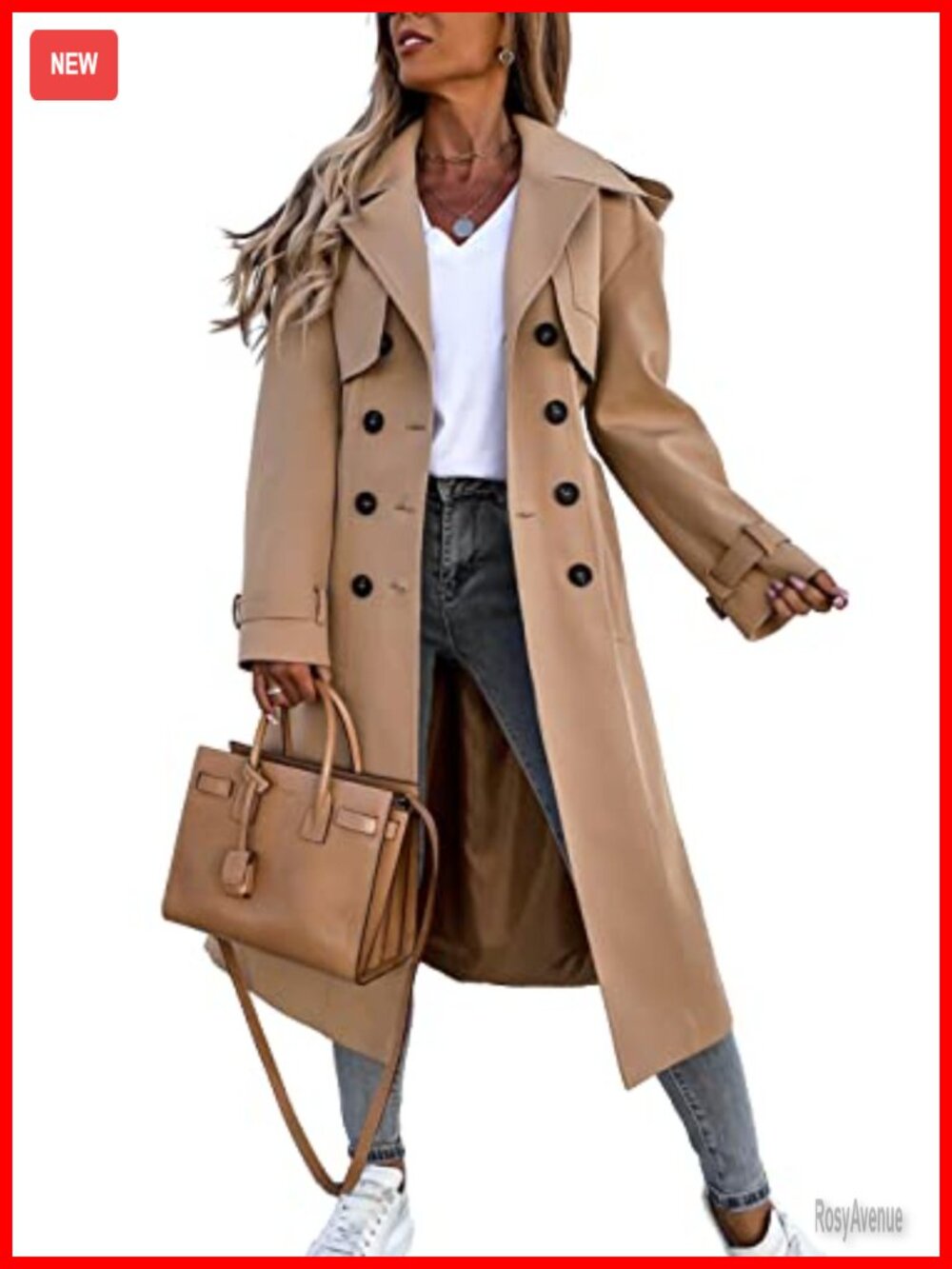 Fisoew Women's Long Trench Coat Double Breasted Windproof Classic Overcoat